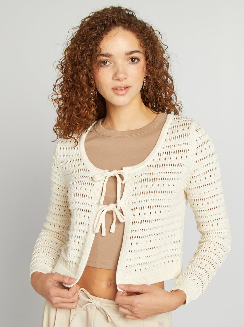 Gilet en crochet avec nœuds beige Ado fille Kiabi