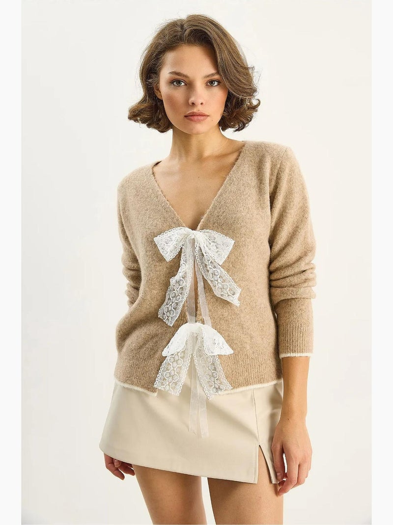Gilet en maille côtelée à col v et fermeture à nouer lucci Beige argile - Kiabi