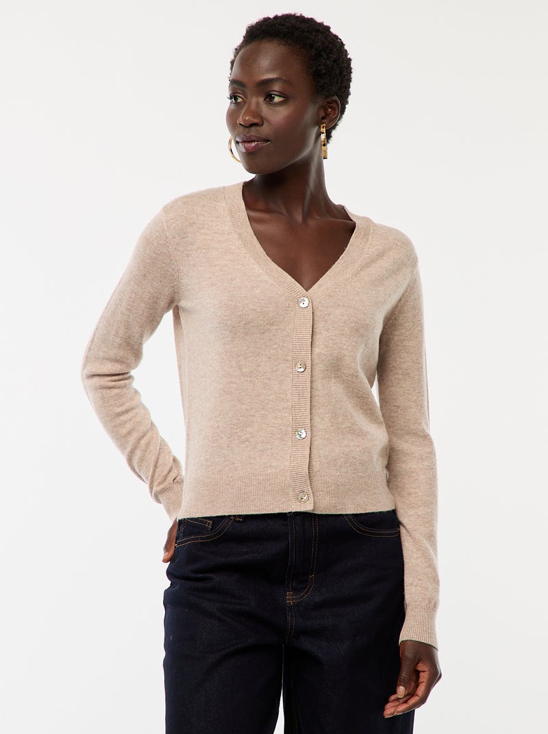 Gilet en maille fine col en V Beige - Kiabi