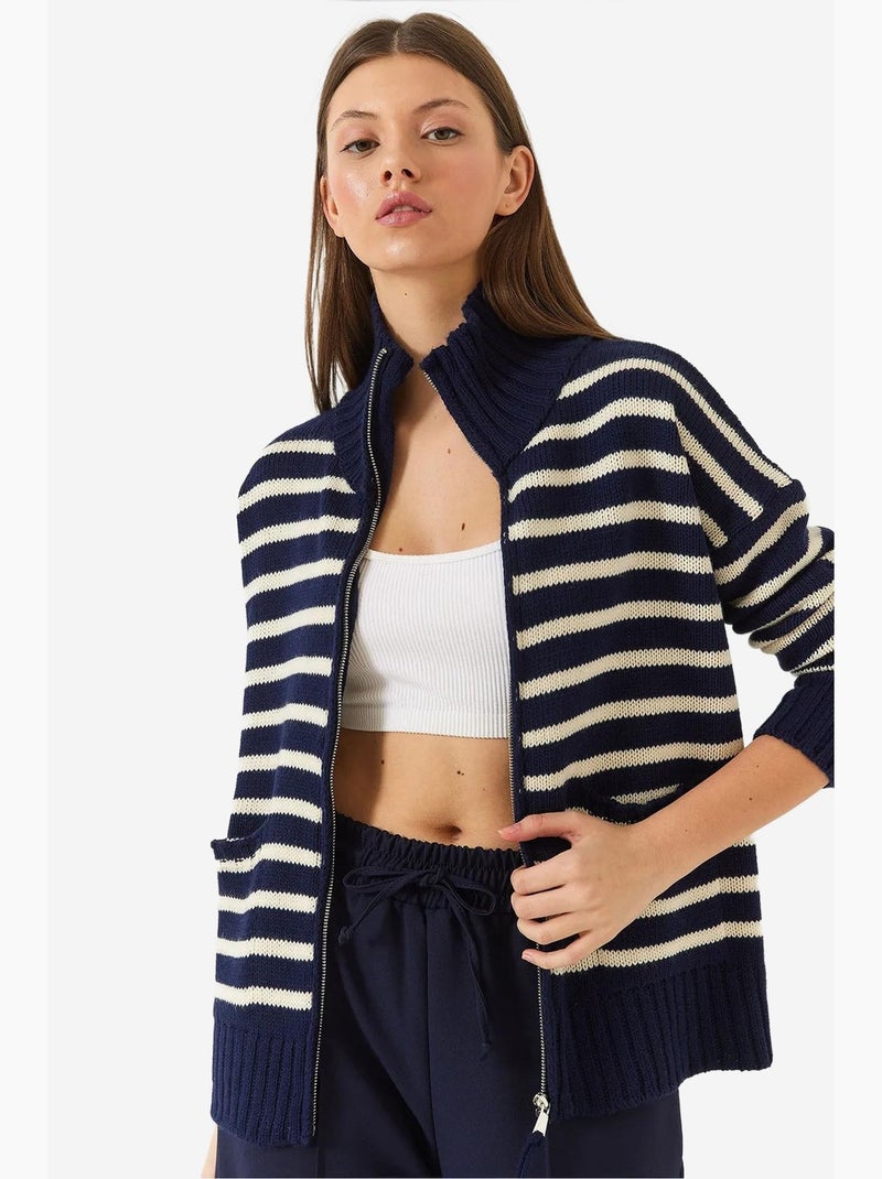 Gilet en maille rayé à fermeture éclair et poches lucci Bleu marine - Kiabi