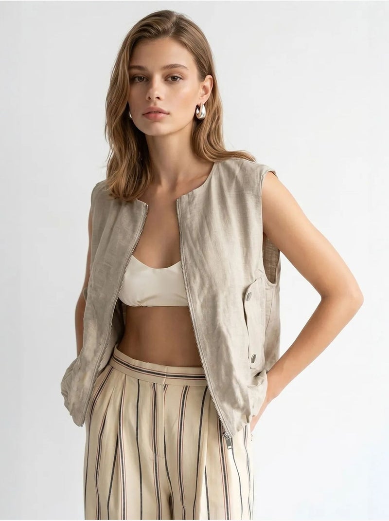 Gilet femme en popeline tissée, fermeture zippée mixray Beige naturel - Kiabi