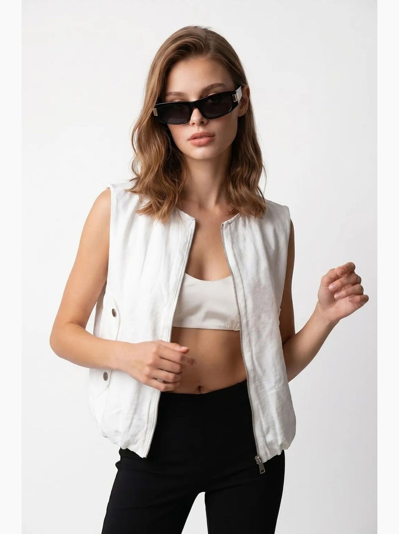 Gilet femme en popeline tissée, fermeture zippée mixray Blanc - Kiabi