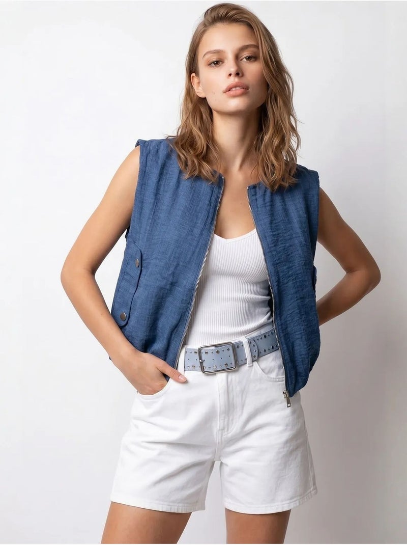 Gilet femme en popeline tissée, fermeture zippée mixray Bleu nuit - Kiabi