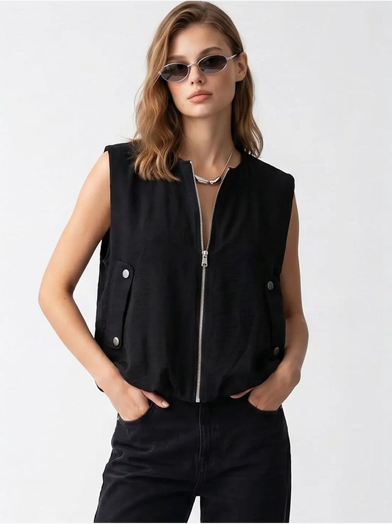 Gilet femme en popeline tissée, fermeture zippée mixray Noir - Kiabi