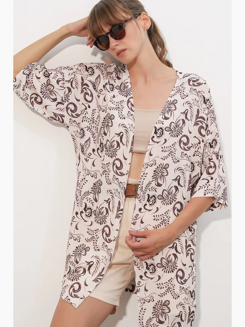 Gilet kimono long imprimé viscose bdart Blanc cassé - Kiabi