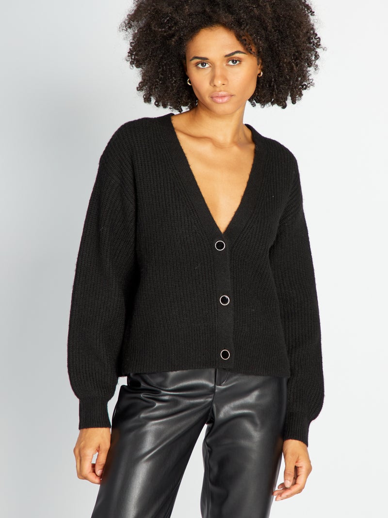 Gilet maille grosse jauge et boutons fantaisie noir - Kiabi