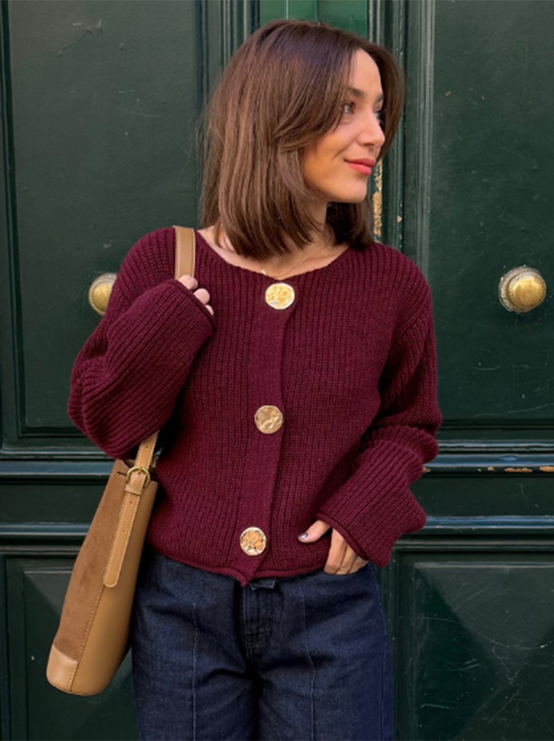 Gilet maille grosse jauge et gros boutons Rouge Femme