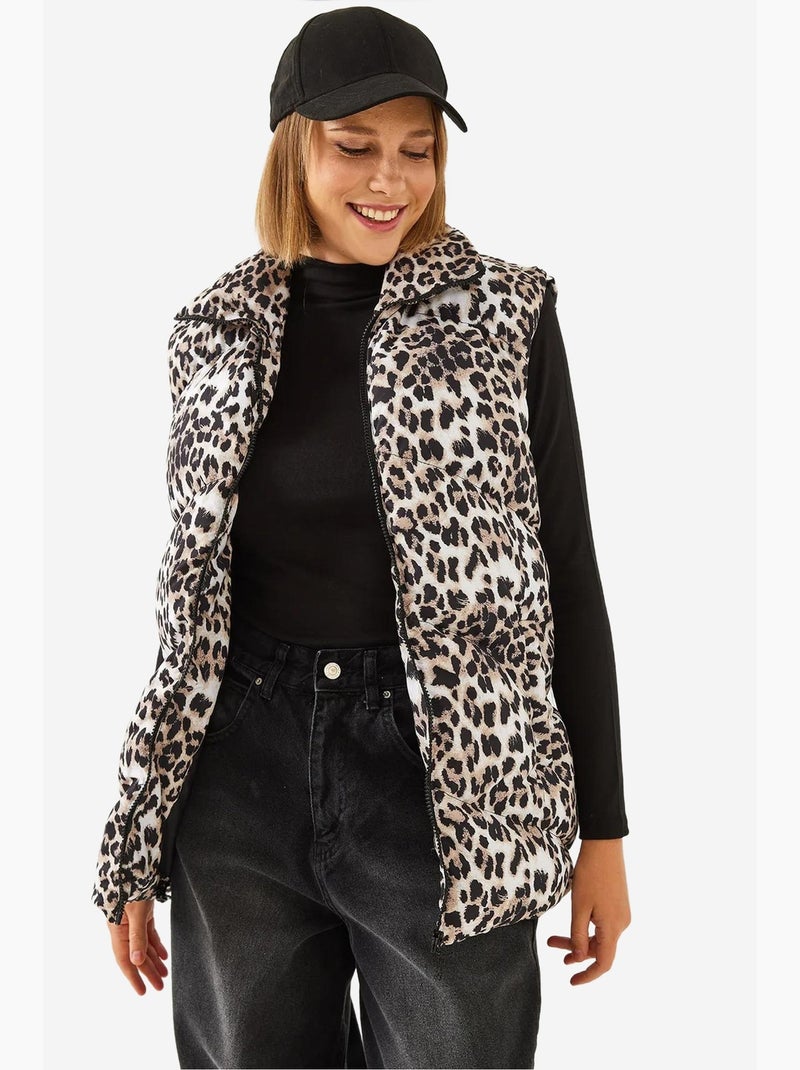 Gilet matelassé à imprimé léopard et col roulé lucci Beige naturel - Kiabi