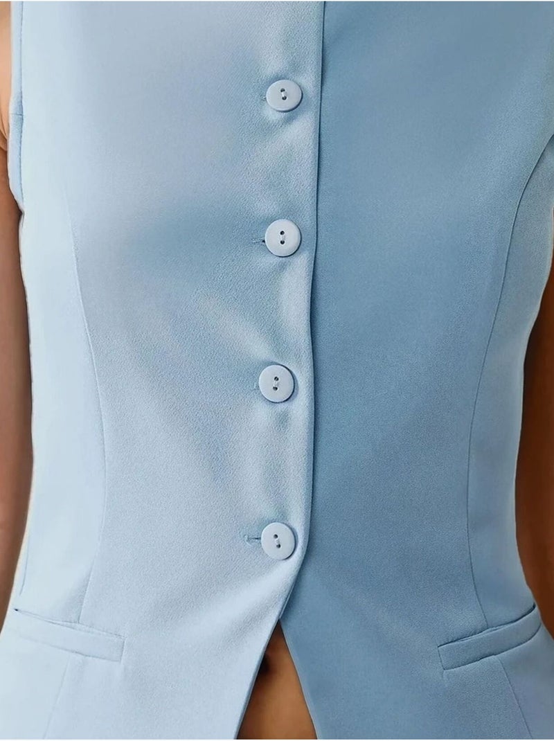 Gilet sans manches ajusté à col ras du cou avec détails boutonnés Bleu ciel - Kiabi