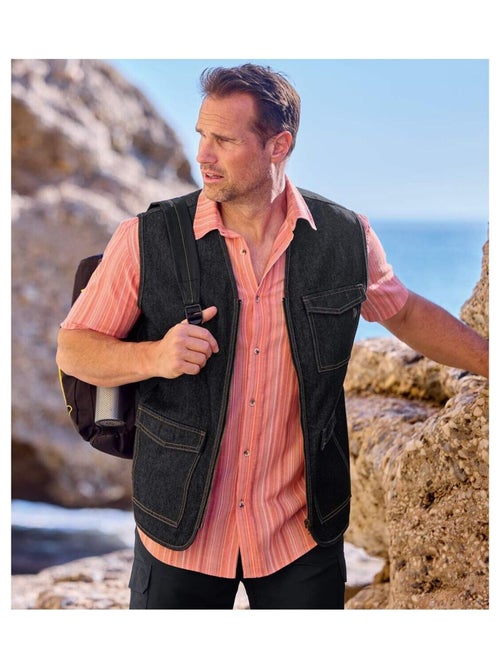 Gilet Sans Manches Zippé en Jean   - ATLAS FOR MEN - Kiabi