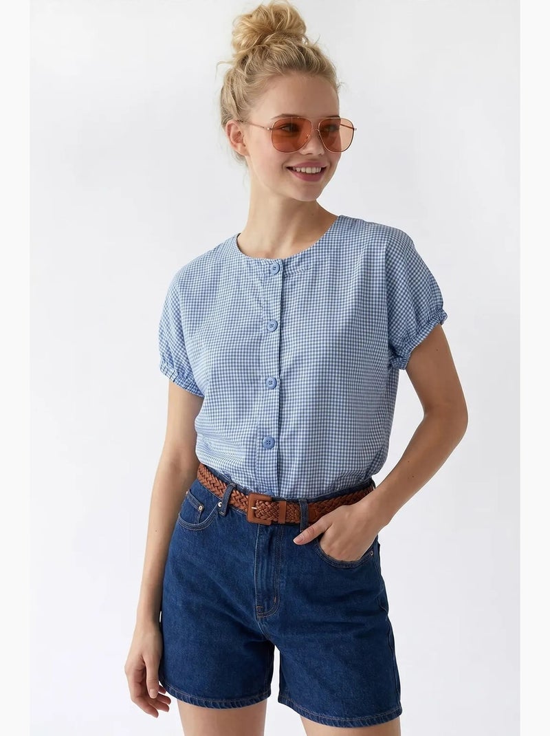 Gingham poplin overhemd met knoopsluiting mixray Hemelsblauw - Kiabi
