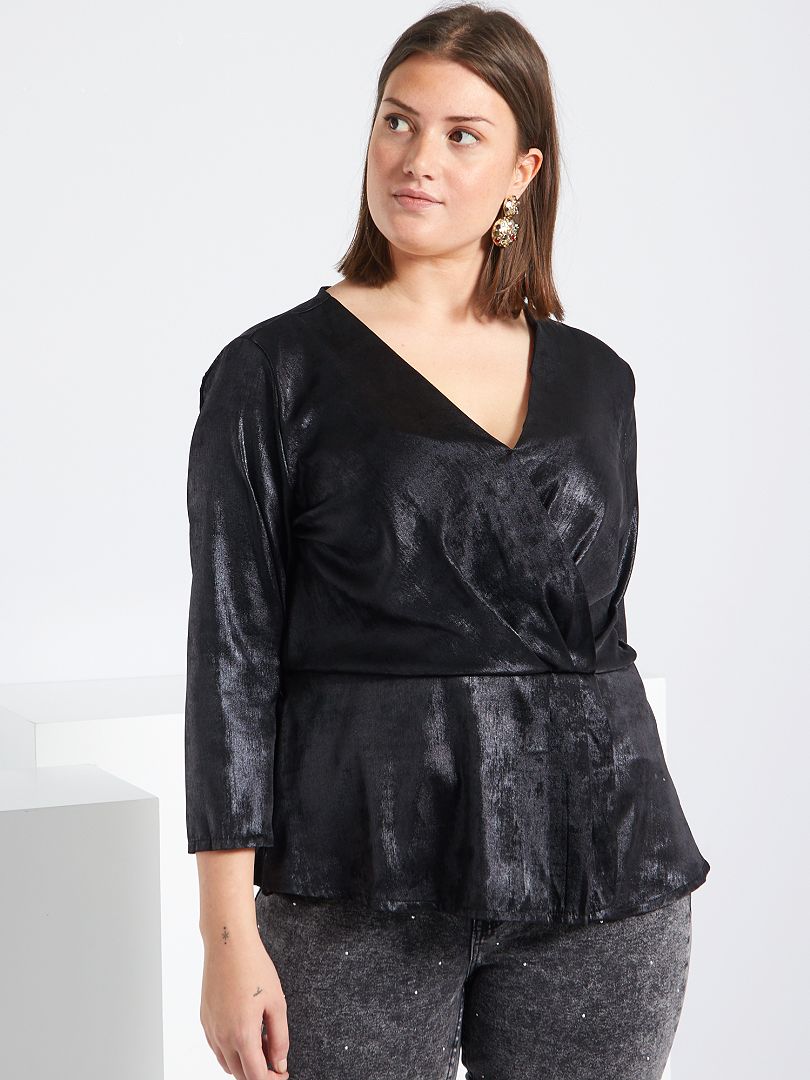 Glanzende blouse met overslag zwart - Kiabi