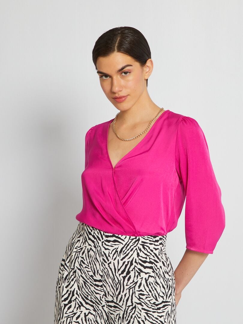 Glanzende blouse met V-hals paars roze - Kiabi