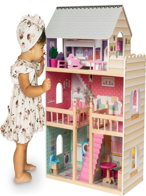 Grande maison de poupées bois 3 étages avec led mamabrum - Kiabi