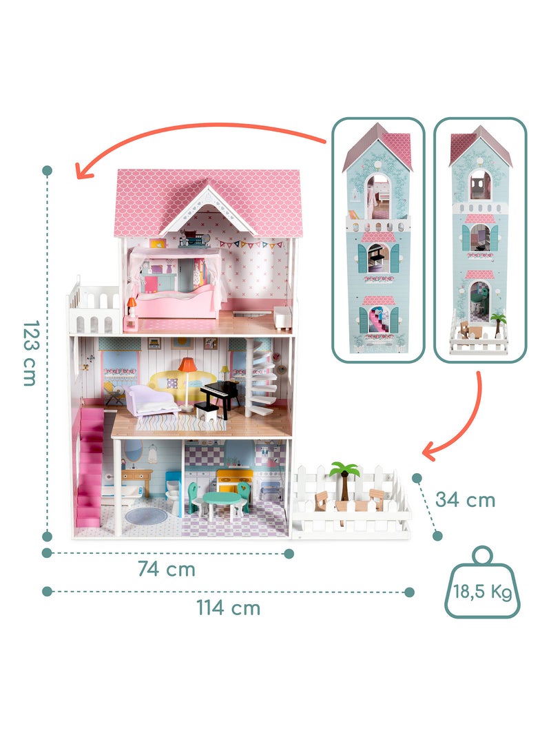 Grande maison de poupées en bois pour enfants, éclairage led 123 x 34 x 114 cm 3 étages, terrasse N/A - Kiabi