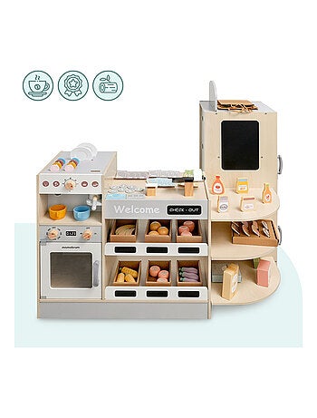 Grande marchande enfant bois avec fast food - corner shop + machine à café