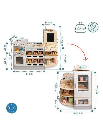 Grande marchande enfant bois avec fast food - corner shop + machine à café