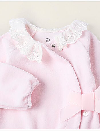 Grenouillère en velours avec nœud et broderie anglaise