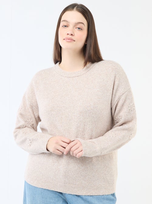 Grofgebreide trui met lange mouwen en bloemenborduursels - Kiabi