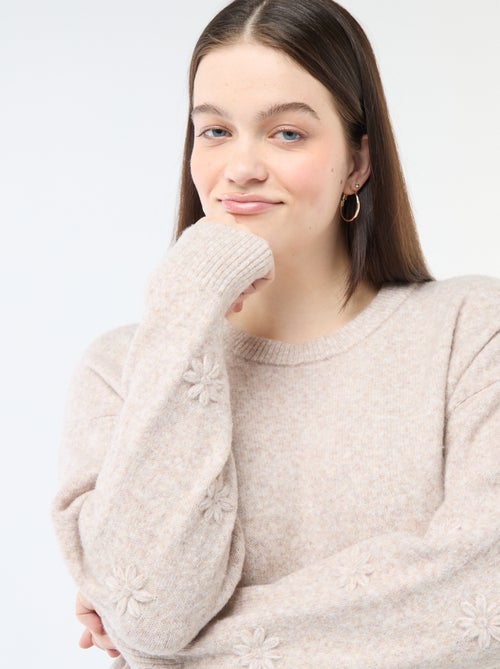 Grofgebreide trui met lange mouwen en bloemenborduursels - Kiabi