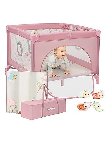 Grondbox 100x100cm LIONELO Mille - Hoge dichtheid matras - Wielen - Klittenband speelgoed - 0-36 mnd