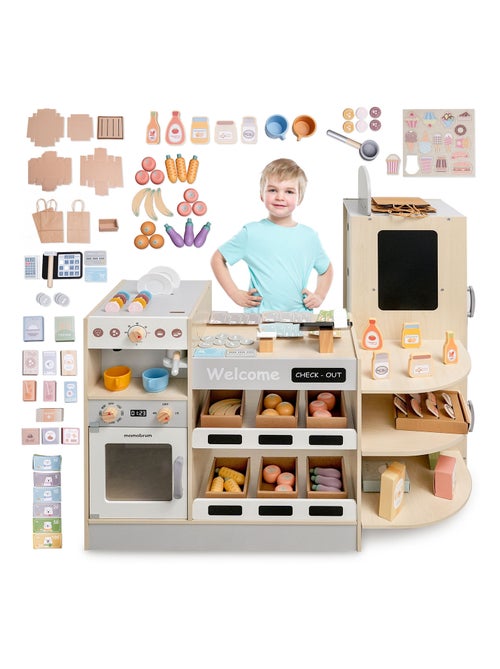 Grote houten kinderwinkel met fastfood, koffiezetapparaat, oven en 106 accessoires - Kiabi Grote houten kinderwinkel met fastfood, koffiezetapparaat, oven en 106 accessoires - Kiabi