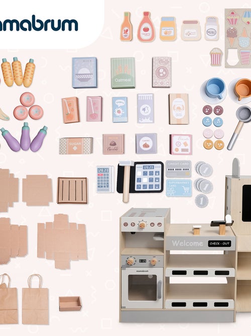 Grote houten kinderwinkel met fastfood, koffiezetapparaat, oven en 106 accessoires - Kiabi Grote houten kinderwinkel met fastfood, koffiezetapparaat, oven en 106 accessoires - Kiabi