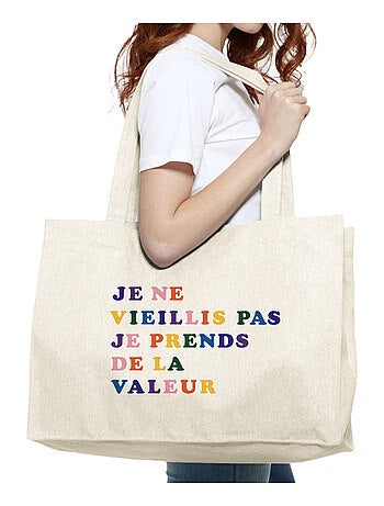 Grote shopper JE NE VIEILLIS PAS JE PRENDS DE LA VALEUR COLORE