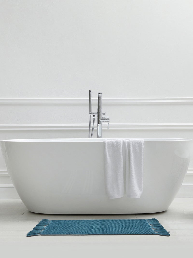 Guy Levasseur - Tapis de bain déco uni à pompons en coton chenille Bleu canard - Kiabi