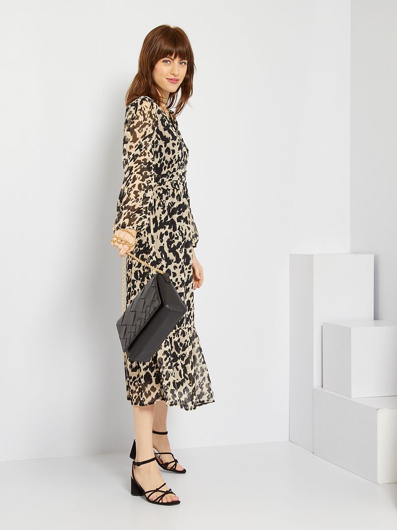 Halflange jurk met luipaardprint ZWART - Kiabi
