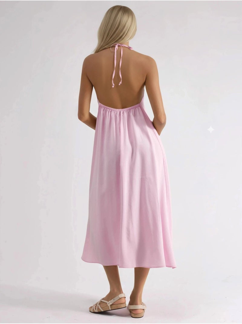 Halter midi-jurk busem Bleekroze - Kiabi