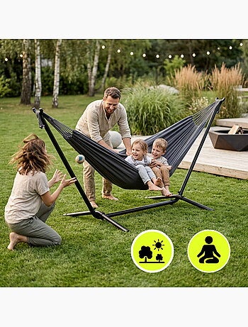 Hamac suspendu de jardin bohème gris 200 x 150 avec housse de transport - charge 100 kg