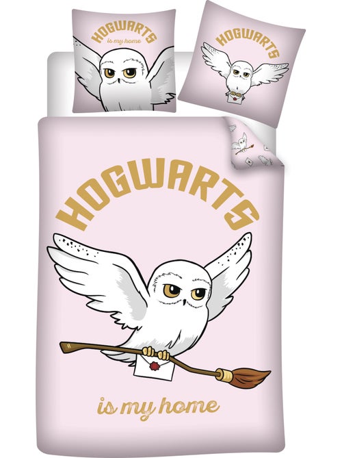 Harry potter hedwig dekbedovertrek 140x200 cm + kussensloop 63x63 roze - Kiabi