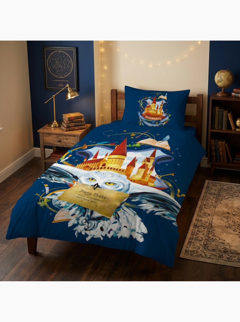 Harry potter hedwige housse de couette 140x200 cm + taie 63x63 bleu Beige/Vert/Bleu - Kiabi