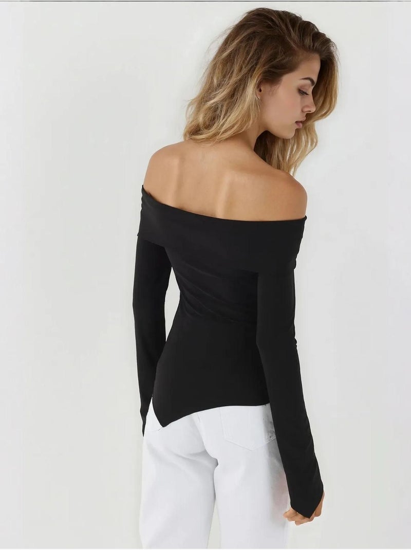 Haut élégant à col bateau et manches longues, coupe slim Noir - Kiabi