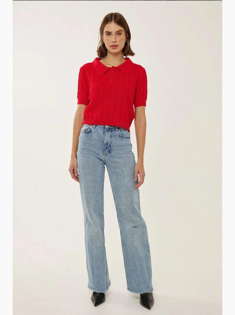 Haut en tricot à col chemise avec motif de tresses hiccup Rouge - Kiabi