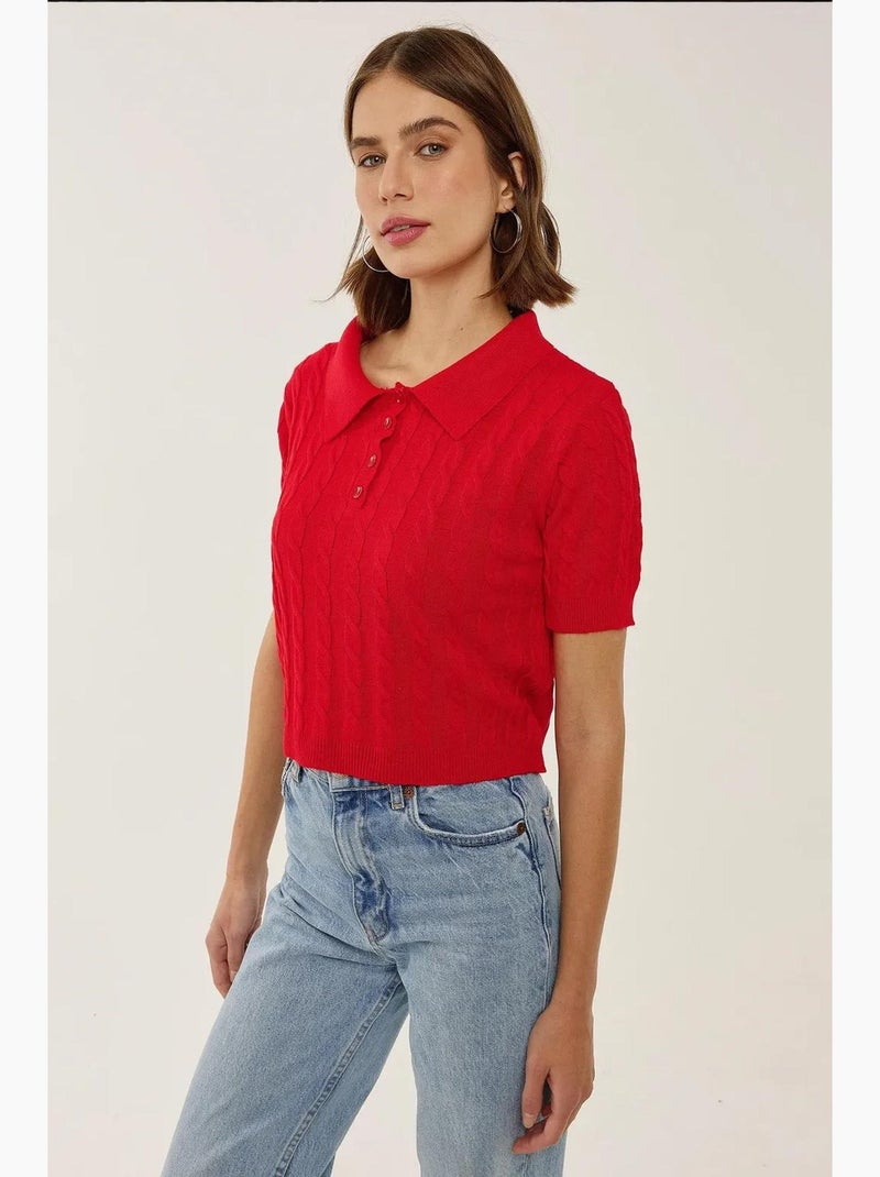 Haut en tricot à col chemise avec motif de tresses hiccup Rouge - Kiabi