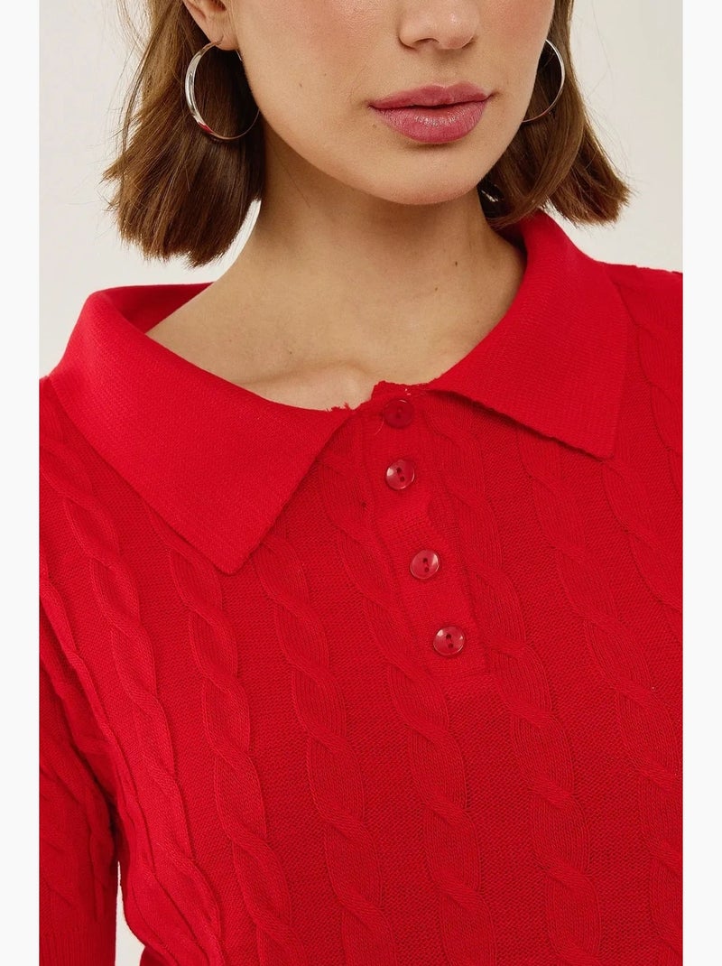 Haut en tricot à col chemise avec motif de tresses hiccup Rouge - Kiabi