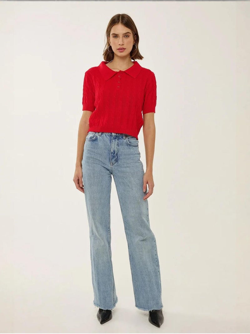 Haut en tricot à col chemise avec motif de tresses Rouge - Kiabi