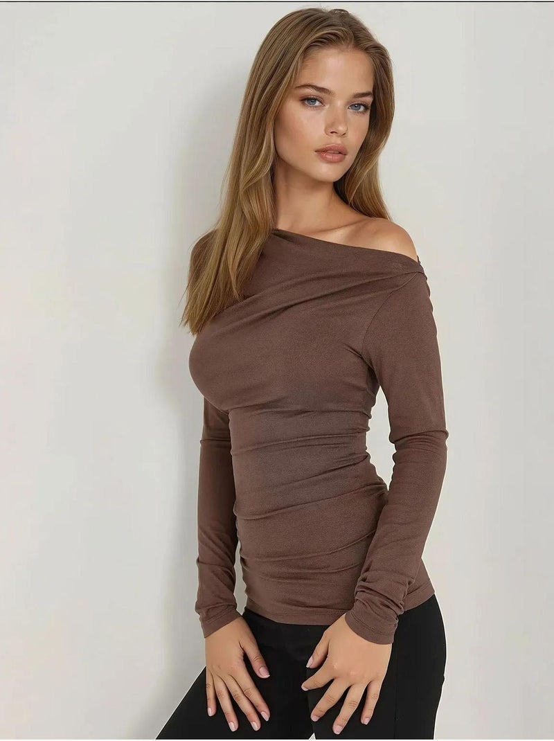 Haut slim à manches longues et col asymétrique hiccup Marron - Kiabi