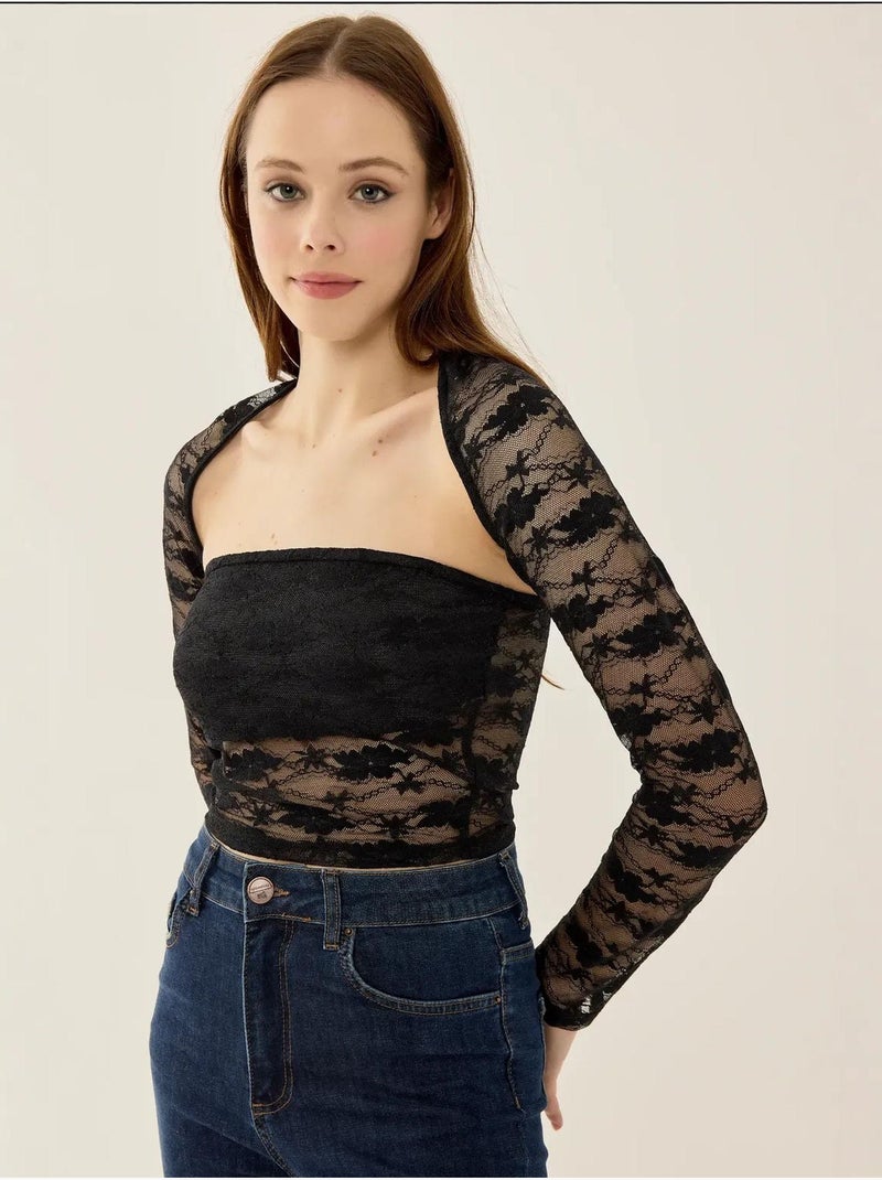 Haut slim en dentelle à manches longues Noir - Kiabi