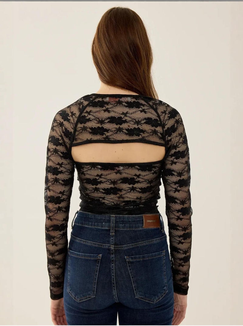 Haut slim en dentelle à manches longues Noir - Kiabi