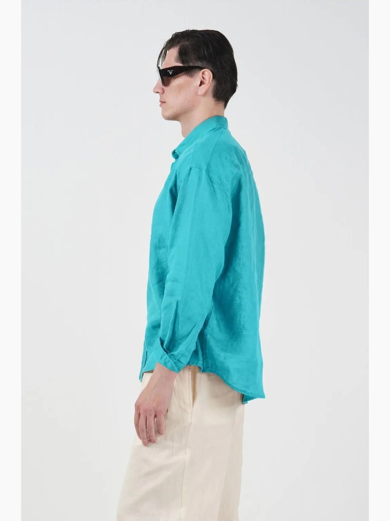 Heren oversized linnen shirt met lange mouwen giesto Turkoois - Kiabi
