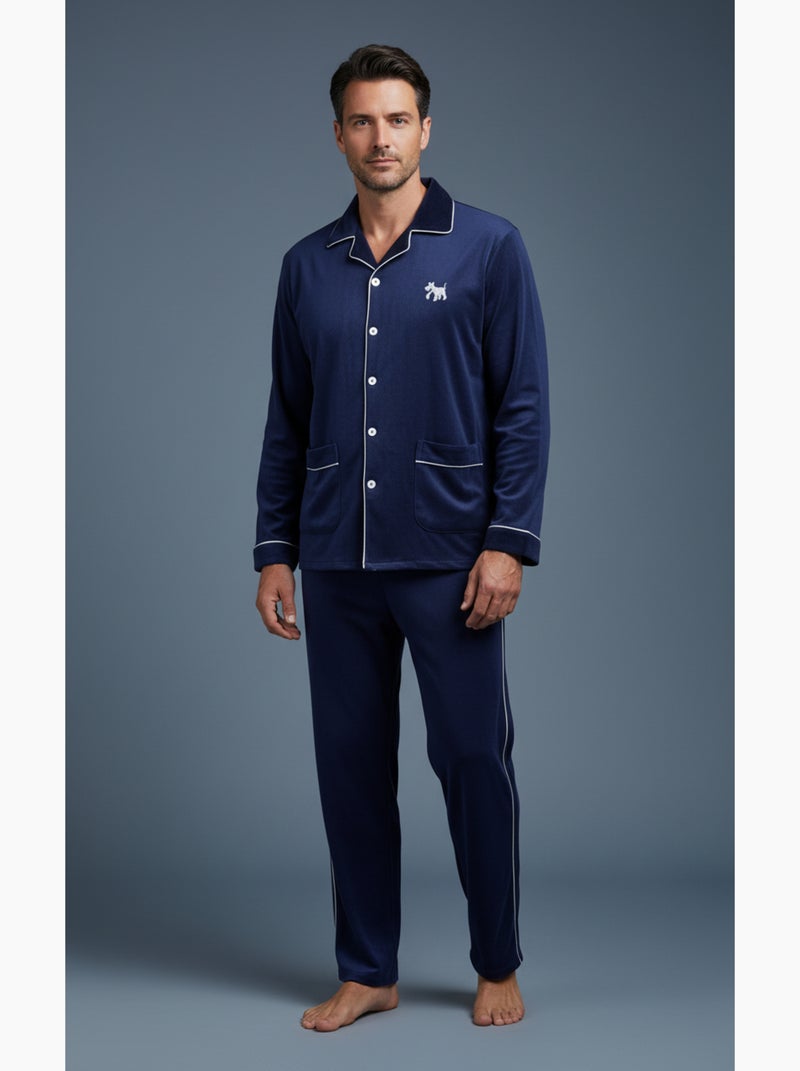 Heren pyjama winter fleece met knopen c2530 Marineblauw - Kiabi