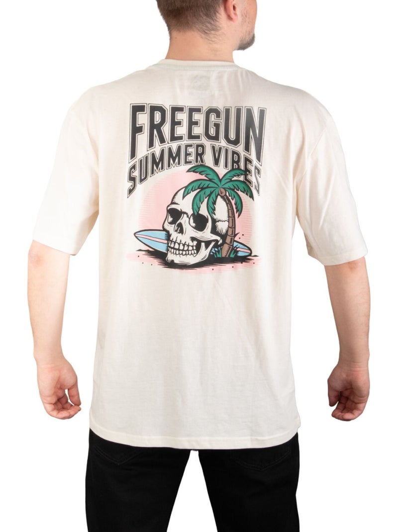 Heren t-shirt van 140 g/m² jersey met vibes-print op de voor- en achterkant. Beige - Kiabi