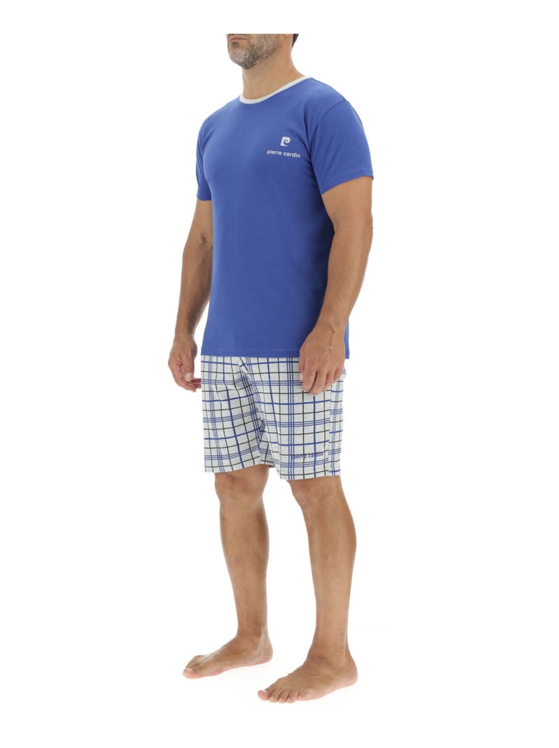 Herenpyjama met korte katoenen ruitjesprint en logo op de borst. Blauw - Kiabi