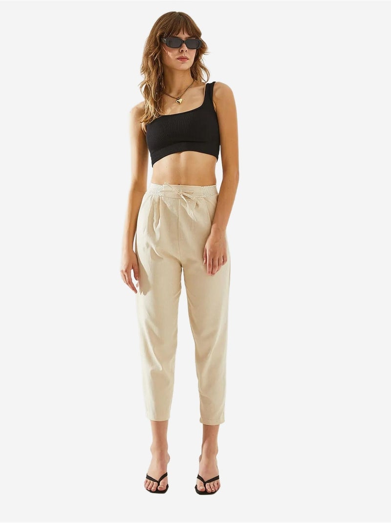 Herringbone linnen broek met tailledetail lucci Gebroken wit - Kiabi