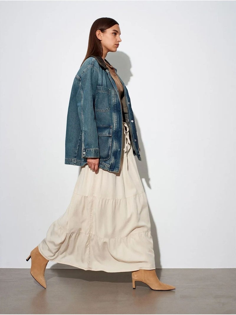 High-waist a-lijn maxi-rok met strikdetail dilvin Crème - Kiabi
