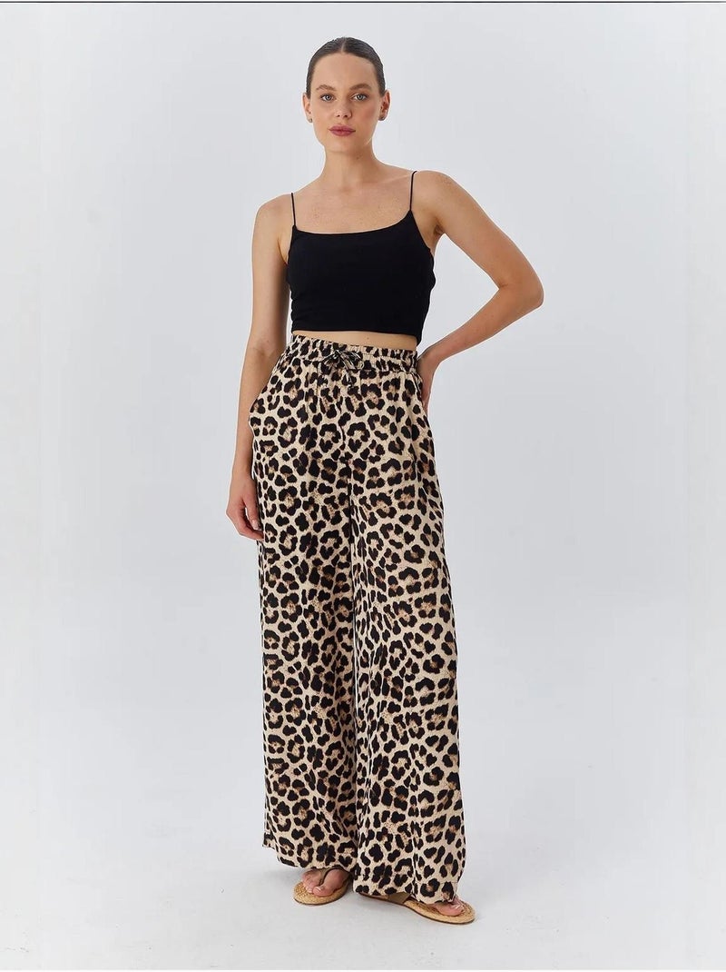 High-waist broek met luipaardprint en wijde pijpen mixray Klei-beige - Kiabi