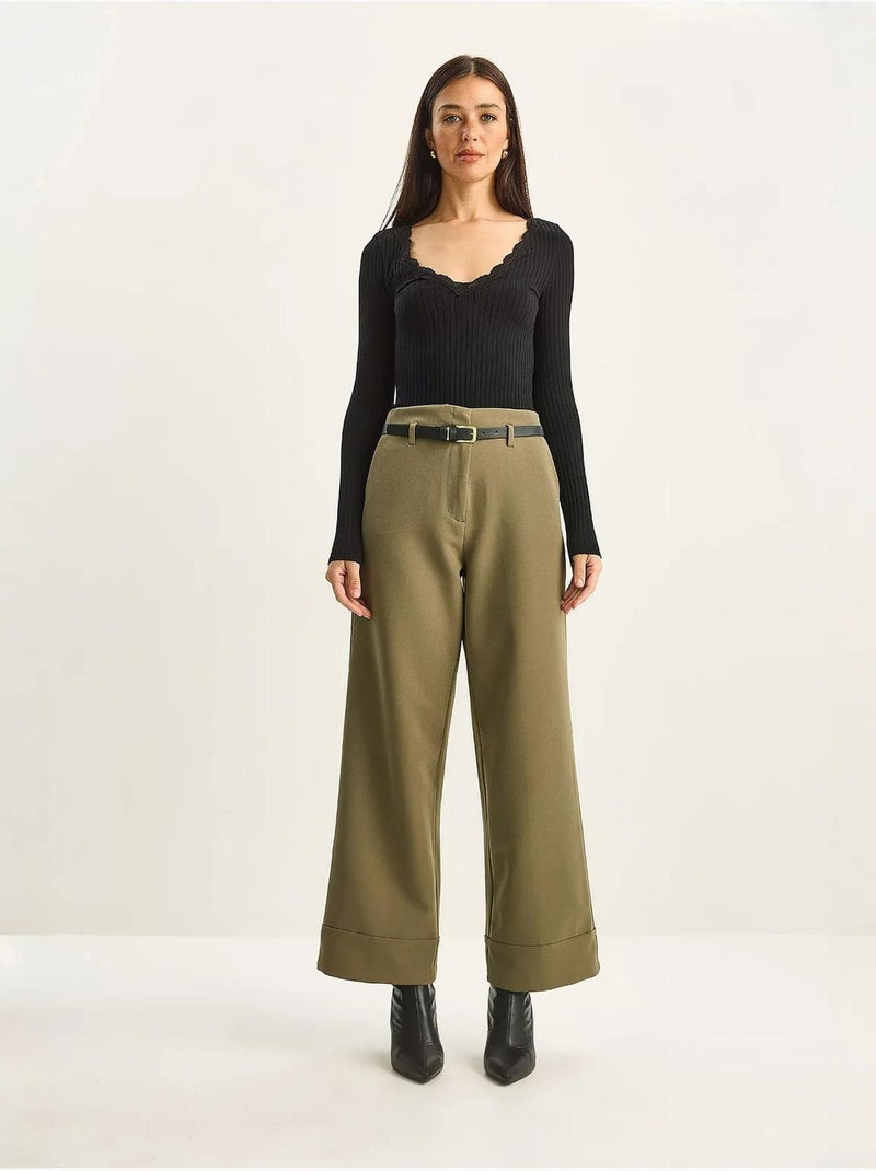 High-waist broek met wijde pijpen lucci Kaki - Kiabi